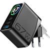 Cellularline PowerView IQ ACH 67W Caricabatterie da rete 67W con smart display TFT, spina pieghevole e tecnologia GaN+. Dotato di 2 porte USB-C e 1 porta USB-A per la ricarica simultanea di più dispositivi.