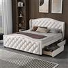 Ctastay Letto Imbottito Matrimoniale 160x200 cm, Letto per Adulti con Rete a Doghe in legno e Testiera, Letto Contenitore Struttura con 2 Cassetti su Ruote, PU,senza Materasso, Bianco.