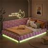 FUCMKON Letto imbottito da 140 x 200 cm, con LED e USB, divano letto da giorno da 140 x 200 cm, con rete a doghe, letto singolo per ragazzi, in velluto, senza materasso (rosa)