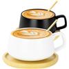 AOOTE Set di 2 Tazze da Cappuccino con Piattino, 320ml Set di Tazze e Piattini, Eleganti e Moderne Tazze da Caffè in Gres, per Tè Caffè Cappuccino, Tazze da Caffè con Disco in Legn, Nero, Bianco