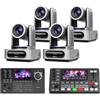 Tenveo Bundle/Kit Telecamera PTZ e Controller 4 Telecamere NDI PTZ 1080P con Tracking AI 30X Zoom, SDI/HDMI/USB3.0/LAN(PoE), Controller Schermo da 5", Switcher Mixer Video per Live Streaming