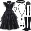 YUVATERA Vestito nero Halloween per ragazza, 8 pezzi, costume da bambino, costume mercoledì Addams, gotico Lolita, età 7-8 anni, 130 cm, 140 cm (140)