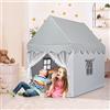 COSTWAY Tenda da Gioco per Bambini, Casetta per Bambini con Struttura in Solido Legno, Tappetino di Cotone, Tenda a Rete e Finestre, 105x120x140 cm (grigio)