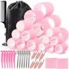 WD&CD Bigodini per capelli, 45 pezzi, 24 pezzi in 4 misure (55/45/36/25 mm) con 18 clip, bigodini per capelli grandi autoadesivi per capelli lunghi, medi e corti, Rosa