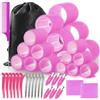 WD&CD Bigodini per capelli, 45 pezzi, 24 pezzi in 4 misure (55/45/36/25 mm) con 18 clip, bigodini per capelli grandi autoadesivi per capelli lunghi, medi e corti (Fucsia)