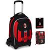 PRESTIGE & DELUXE Trolley Scuola Seven 3 Ruote - Milan rossoneri - Scuola Elementare Bambina + Astuccio 3 piani completo di cancelleria + Diario + set penne scrittura e portachiave squadra