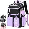 Generic Elegante set di 3 zaini per la scuola per ragazze, zaino impermeabile e leggero con borsa per il pranzo e astuccio, zaino in nylon di grande capacità per ragazze adolescenti, scuola e viaggi, B-nero