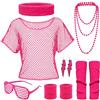 GWAWG Costume anni '90 da donna, maglia rosa fluorescente, set retrò con collana, bandali e occhiali | vestito festa 80s/90s per serate discoteca