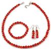Avalaya Set collana/orecchini/braccialetto con perline in vetro/ceramica rossa con distanziatori argentati, lunghezza 48 cm, estensione di 7 cm