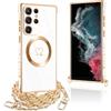 Pnakqil per Magnetica Cover per Samsung Galaxy S22 Ultra 5G con Cordino, Compatibile con MagSafe, Ultra Sottile Cuore Silicone Custodia con Laccio Tracolla, TPU Case con Collana, Bianco Oro