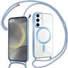 Pnakqil Magnetica Cover con Cordino per Samsung Galaxy S24 5G, Compatibile con Magsafe Ricarica Wireless, Placcatura Disegno Custodia con Collana con Regolabile Laccio Tracolla, Azzurro/Blu