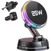 GuMosh Supporto per auto con ricarica magnetica Qi2.2 25W, [ventola di raffreddamento per telefono e luci RGB] - caricatore wireless con ventosa a vuoto da 78+ lbs, con adattatore 63W per iPhone 17‑12 Series