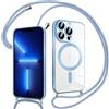 Pnakqil Magnetica Cover con Cordino per iPhone 13 Pro Max, Compatibile con Magsafe Ricarica Wireless, Trasparente Placcatura Disegno Custodia con Collana con Regolabile Laccio Tracolla, Blu