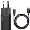 BASEUS Travel Charger Set Super Si 1C QC (with Mini White Cable Type-C to Type-C 3A 1m) 25W Black (TZCCSUP-L01)