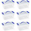 Acan Tradineur - Confezione da 6 scatole portaoggetti trasparenti con manico blu, in plastica, per libri, vestiti, coperte, 22 x 34 x 15,5 cm, 8 litri