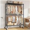Klyvvo 90*40*200 cm Stand Appendiabiti con Ruote, Penderie Estensibile per Carichi Pesanti con Ripiani Regolabili in Altezza, Portata Tot 150kg, Rella Appendiabiti con Ruote, per Presentazione, Stoccaggio