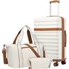 KONO Set da Viaggio 3 Pezzi con Valigia Media 65 cm Espandibile in ABS+PC, Borsa da Viaggio 32 L e Borsa Organizer, Trolley Rigido con Ruote 360° e Lucchetto TSA (65 cm, Crema/Marrone)