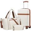 KONO Set da Viaggio 3 Pezzi con Valigia Bagaglio a Mano 55 cm in ABS+PC, Borsa da Viaggio 32 L e Borsa Organizer, Trolley Rigido con Ruote 360° e Lucchetto TSA (55 cm, Crema/Marrone)
