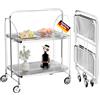 Rhein Beleuchtung Carrello da portata con ruote, pieghevole, a 2 ripiani, in vetro temperato, con ruote, per cucina, bar, carrelli in metallo, carrello per tè, vino e bevande