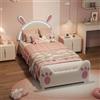 JiaOyu Lettino per bambini, 140 x 200 cm, con design a coniglio, letto imbottito con orecchie da coniglio a LED e volti in , letto per ragazzi e ragazze con rete a doghe, adesivo in tessuto fai da te e