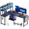 ODK Scrivania Gaming con LED e Prese, Scrivania Gaming Angolare Reversibile con Scaffali Portaoggetti, Scrivania Angolare con Borsa Portaoggetti per Giocatori (Nero, 135×100cm)
