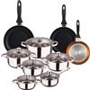 WELL HOME MOBILIARIO & DECORACIÓN Well Home Set di utensili da cucina da 12 pezzi in acciaio inox + 3 padelle Ø16Ø20Ø24 cm Bronzo metallizzato in alluminio pressato