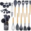 Kawaology Utensili da cucina in silicone 22 pezzi, set di utensili da cucina per pentole antiaderenti, al calore e antiaderenti con manico in legno per utensili senza BPA