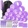 WD&CD Bigodini per capelli, 45 pezzi, 24 pezzi in 4 misure (55/45/36/25 mm) con 18 clip, bigodini per capelli grandi autoadesivi per capelli lunghi, medi e corti (Viola)