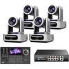 Tenveo Bundle/Kit Telecamera PTZ e Controller 4 Telecamere NDI PTZ 1080P con Tracking AI 30X Zoom, SDI/HDMI/USB3.0/LAN(PoE), Controller Joystick Schermo da 5" e Switch PoE per Live Streaming