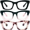 KoKoBin 3 Pack Occhiali da lettura per donna, occhiali da computer oversize alla moda con dalla luce blu e cerniera a molla (Nero/Nero Rosa/Rosa leopardata, 2.5, x)