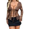 Generic Top trasparente in pizzo con scollo a V da donna Y2k sexy aperto davanti cravatta manica lunga volant trim pizzo crop vintage top camicette per uscire, Marrone, M