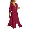 Generic Vestito Lungo Donna Estivo - Vestito Chemisier Donna in Cotone Lino Tinta Unita, Abito Camicia Lungo con Bottoni, Colletto Risvolto, Coulisse Vita, Maniche Lunghe Casual Estivo