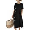 Onsoyours Vestito Donna Manica Corta Vestiti Estivi Girocollo Abito Lungo A-Line Casual Eleganti Abiti da Spiaggia Bottoni Boho Midi Dress con Tasche A Nero XXL