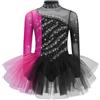 Yiesvsov Bambina Abito Pattinaggio Artistico Abito Balletto Glitter Manica Lunga tutù Costume Danza Ritmica Ghiaccio Latino Vestito Danza Nero Rosa Acceso 11-12 Anni
