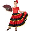LOLANTA Abito Flamenco Spagnolo con Volant a Strati per Ragazze, Costume da Danza Stile Sevillana, con Fiore Rosso e Ventaglio Pieghevole, 180 Gradi, 5-6 Anni, 120