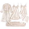 SYDUZAX Set Pigiama Raso Donna 5 Pezzi Set Pigiama Raso con Coppe Tinta Unita Camicia da Notte Sexy + Vestaglia con Cintura + Canotta + Pantaloncini + Pantaloni Pigiama per Spose Festa di Nozze