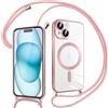 Pnakqil Magnetica Cover con Cordino per iPhone 15, Compatibile con Magsafe Ricarica Wireless, Placcatura Disegno Custodia con Collana con Regolabile Laccio Tracolla, Rosa