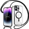 Pnakqil Magnetica Cover con Cordino per iPhone 14 Pro Max, Compatibile con Magsafe Ricarica Wireless, Trasparente Placcatura Disegno Custodia con Collana Laccio Tracolla per iPhone 14Pro Max, Nero