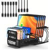 SooPii Stazione di ricarica da 100 W a 10 prese con 6 porte USB-C veloci, 4 porte USB-A e 10 cavi misti per telefoni cellulari lPhone, Galaxy, lPad e Android, ideale per casa, ufficio o ristorante