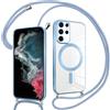 Pnakqil Magnetica Cover con Cordino per Samsung Galaxy S22 Ultra 5G, Compatibile con Magsafe Ricarica Wireless, Placcatura Disegno Custodia con Collana con Regolabile Laccio Tracolla, Azzurro/Blu