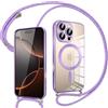 Pnakqil Magnetica Cover con Cordino per iPhone 16 Pro, Compatibile con Magsafe Ricarica Wireless, Trasparente Placcatura Disegno Custodia con Collana Laccio Tracolla per iPhone 16 Pro, Purple