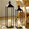 Perfnique Lanterne decorative per interni ed esterni, set di 2 lanterne in metallo nero (55 cm e 49 cm) con timer LED, candele senza fiamma, decorazione moderna per portico, patio, caminetto