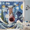 ASDCXZ Tenda da Doccia Divertente con Gatto 180x220 cm, Fantastico Gattino Cavalcando Squalo Giapponese Onda Impermeabile Tenda da Bagno Poliestere Tessuto Lavabile Tende Doccia per Vasca con 12 Ganci