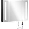 Armadietto Con Specchio Da Bagno A Parete In Mdf Con 3 Armadietti, 3 Ripiani E Luce Led, 90x15x65 Cm, Nero