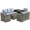 Set Da Esterno 6 Pezzi Con 2 Tavolini Contenitore, 2 Divani E 2 Poltrone, In Rattan E Acciaio, Grigio