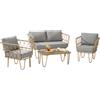 Salotto Da Giardino In Rattan Stile Boho Con Divano 2 Posti, 2 Poltrone E Tavolino Con Vetro
