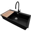 PRIMAGRAN Lavandino da Cucina al Mobile 90cm + Rubinetto, 88x50cm | Set: Rubinetto BW6020 + Kit di scarico + Tagliere + Lavello in Granito a 1 Vasca - Oslo 90 Top, Nero