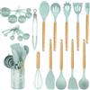 Kawaology Utensili da cucina in silicone 22 pezzi, set di utensili da cucina per pentole antiaderenti, al calore e antiaderenti con manico in legno per utensili senza BPA (verde chiaro)