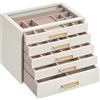 SONGMICS Portagioie, organizer per gioielli a 5 livelli con finestra in vetro, 5 cassetti, grande capacità, moderno, maniglie dorate, idea regalo, 17,2 x 24 x 18,4 cm, bianco crema