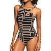 SHEKINI Costume da bagno da donna con anello scavato asimmetrico retrò stampato costume da bagno monopezzo, Stampa nera e rosa, L